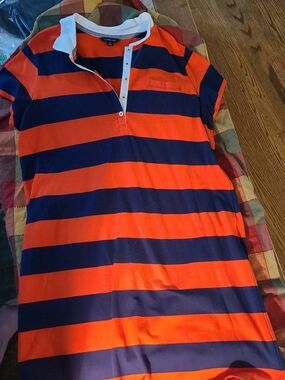 Lands' End Orange & Navy Striped Polo Dress Womens Size 18, New Without Tags